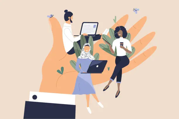 Vector illustration of Tiny office workers sitting on huge hand