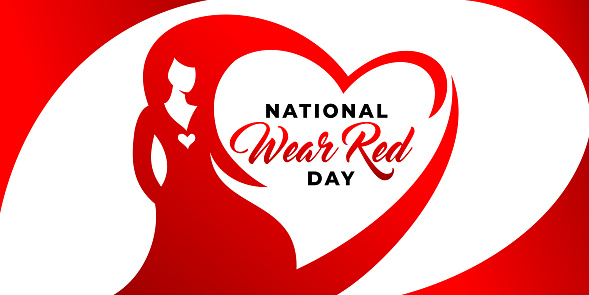 National wear red day vector banner. American Heart Association bring attention to heart disease. Beautiful woman wearing red dress. National wear red day in February concept
