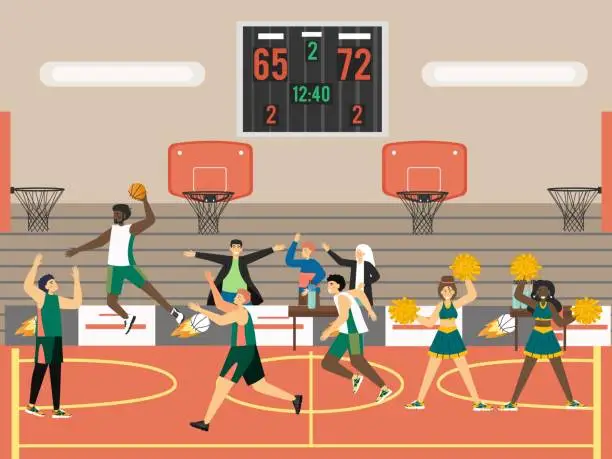 Vector illustration of Professional basketball players playing basketball, vector illustration. Sport game tournament, match.
