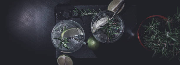 banner of classic gin and tonic cocktail with rosemary sprigs in tall glasses on a table with bar accessories stock photo