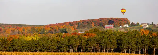 Hot air balloon flying over central Wisconsin farmland in late September, panorama