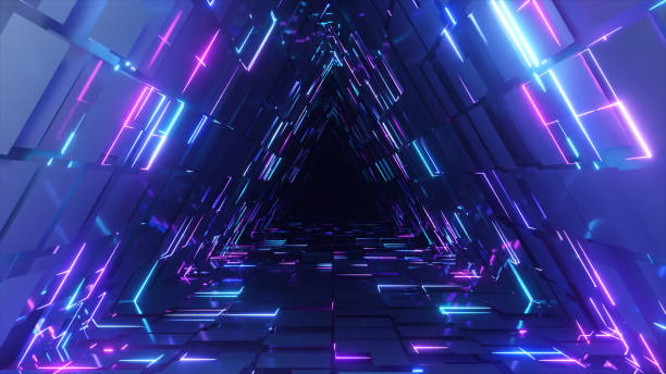 istock Abstract neon triangle tunnel technological. Endless animated background. Modern neon light. Bright neon lines. Seamless loop 3d render 1344458140
