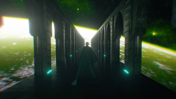 istock A man dressed in cloth walking down a space sci fi corridor with neon lighting. Let the planet earth. Fantastic concept of the future. The concept of human cognition of space. 3d animation 1344458144