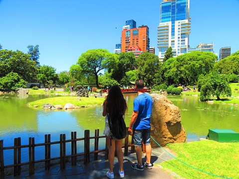 Buenos Aires, Argentina - November 19, 2018.People walking in the Public park in Palermo district in Buenos Aires city. Japanese Garden in capital city.