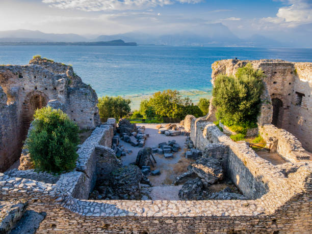 Stunning view of Catullus Caves ruins, roman villa in Sirmione, Lake Garda, Italy stock photo