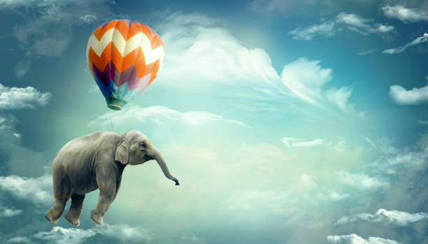 Huge Elephant floating or flying with air balloon with sky and clouds background. Fantastic surreal fantasy illustration. Freedom concept.Imagination.Surrealism. Dream. Banner copy space Surreal illustration that expresses lightness, freedom and potential. Possible use to express the concept of the possibility of making a dream come true. Travel concept. Daydreaming. Possible use in the circus environment surrealism stock illustrations