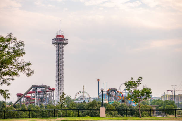 In Denver, Colorado, view of the Observation Tower and other rides at the Elitch Gardens stock photo