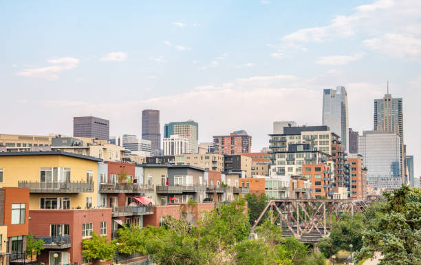 In Denver, Colorado, View of skyscrapers and the city skyline in the distance stock photo