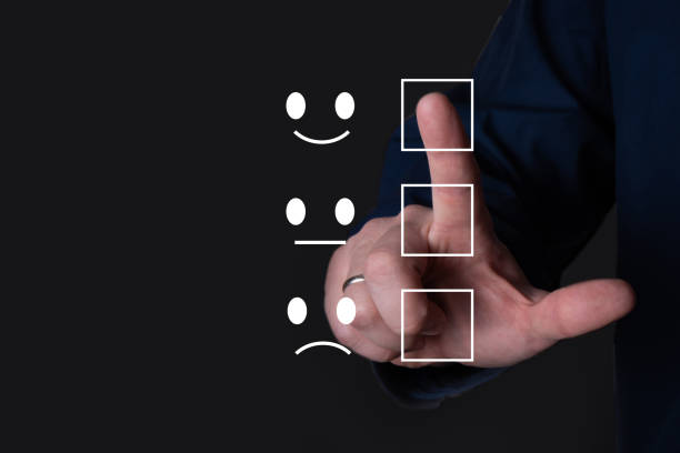 istock The finger presses the icon with a cheerful smile. 1344463642