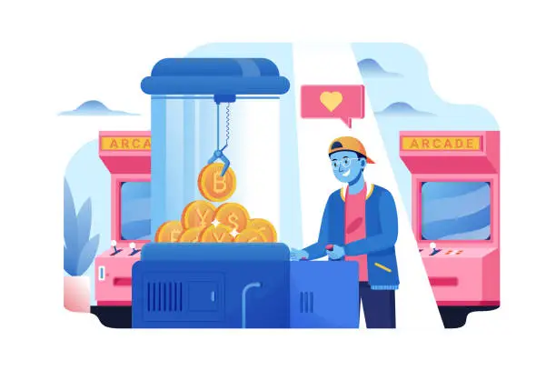 Vector illustration of Get bitcoin coins from arcade claw machine game illustration concept