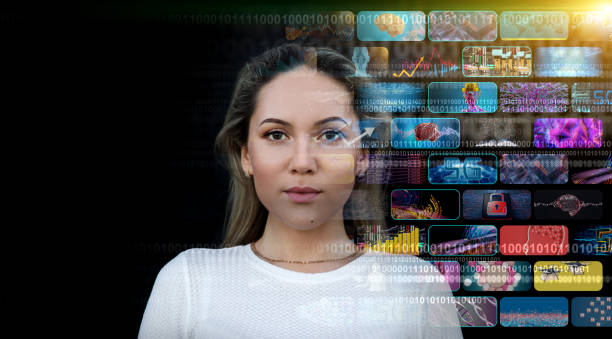 istock Media concept multiple television screens with woman face 1344466819