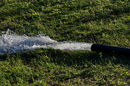 A stream of water comes out of a hose and feeds a garden irrigation system, residential district Drujba, Sofia, Bulgaria