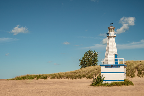 View of the famous wooden lighthouse on the beach in New Buffalo, Michigan