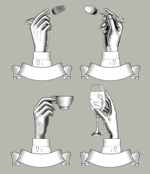 Hands holding spoon, fork, coffee cup and vine glass over retro ribbon banners. Vintage engraving stylized drawing. Vector illustration