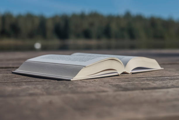 istock Open book on wooden deck in summer nature. Summertime reading concept 1344469272