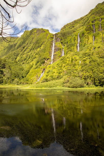 Amazing waterfalls, lake with reflection, water, green landscape, Azores islands. stock photo
