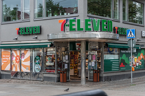 Gothenburg, Sweden - May 16 2021: 7Eleven corner shop at Avenyn.