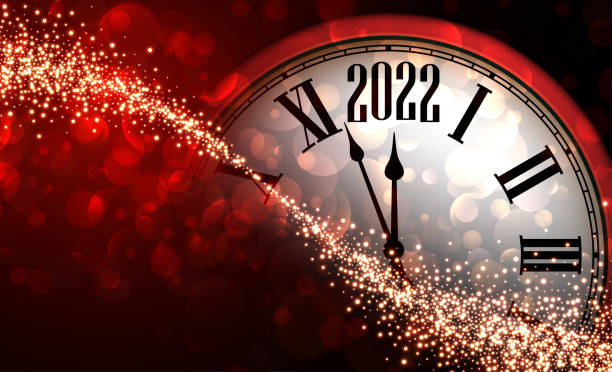 illustrazioni stock, clip art, cartoni animati e icone di tendenza di orologio di capodanno rosso mezzo nascosto che mostra il 2022. - il giorno di anno nuovo