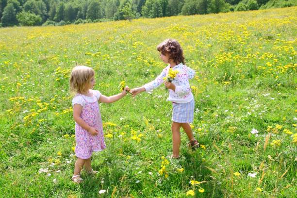 istock sister girls in meadow playing with spring flowers 1344475962