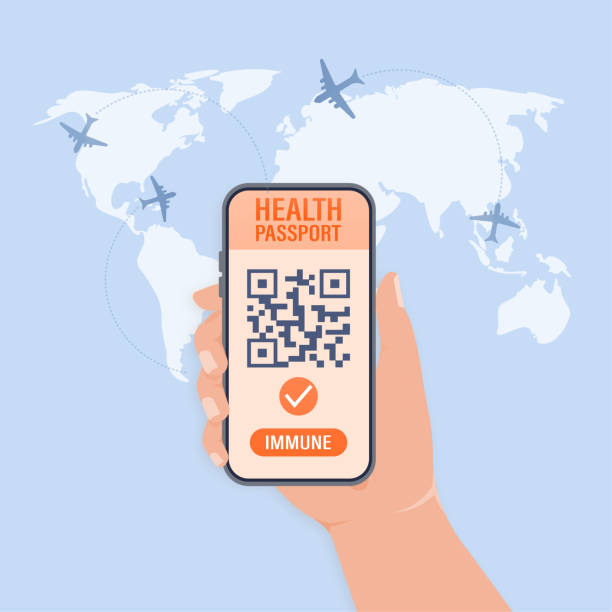 istock Mobile phone with immune digital health passport for covid-19. Green icon. Isometric concept. Covid pcr test vector icon. Vector isometric illustration. 1344479599