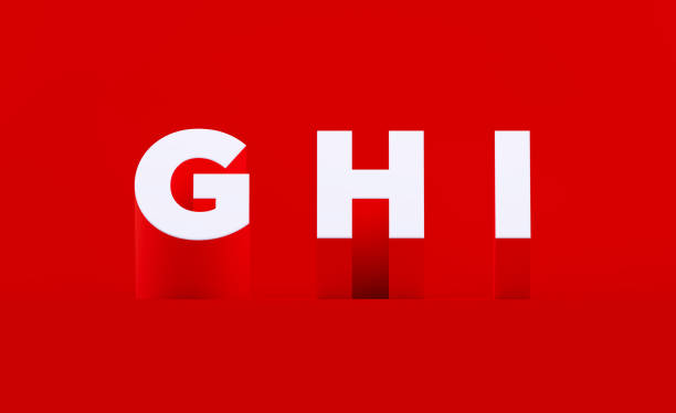 White capital G H I letters sitting on red background. Horizontal composition with copy space.