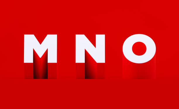 White capital M N O  letters sitting on red background. Horizontal composition with copy space.