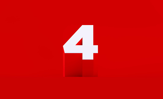 White number four sitting on red background. Horizontal composition with copy space.