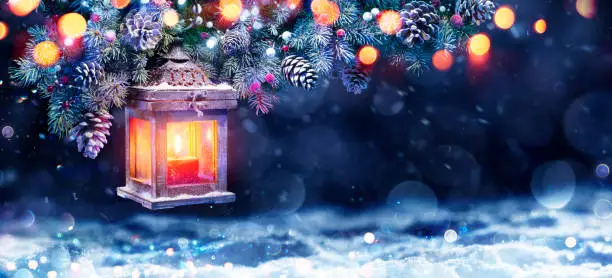 Merry Christmas - Lantern In Snowy Night With Bokeh Lights