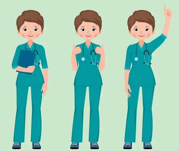 Vector illustration of Vector set cartoon illustration of a young woman surgeon doctor or nurse in full length dressed in medical green uniform in various poses