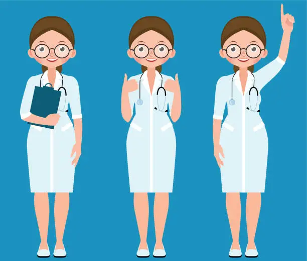 Vector illustration of Vector set of illustrations in cartoon style full length female doctor or nurse dressed in medical uniform shows different gestures