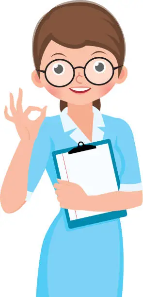 Vector illustration of Doctor or nurse in medical clothes shows okay sign vector cartoon illustration. Young woman medic