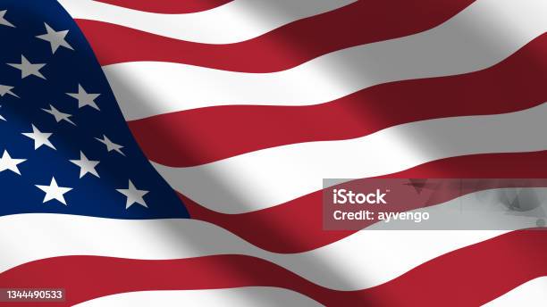 Us Flag Flutters In The Wind Usa Flag With Red And White Stripes And Stars On The Blue Part Of The Fabric Closeup Beautiful Americah Flag Stock Illustration - Download Image Now