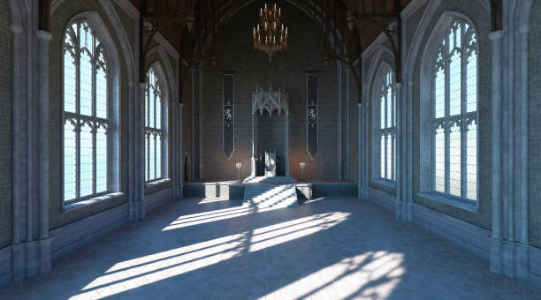 fantastique salle du trône médiévale dans le château illustration 3d - trône photos et images de collection