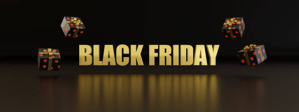 istock Golden Black Friday text and gift boxes on dark background. 3d illustration. 1344492845