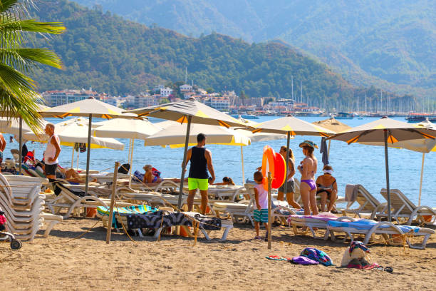 Marmaris beach with people resting. Marmaris Turkey August 2021