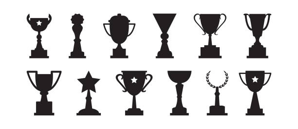 Award cups vector set, trophy black icons, sport champion prize. Winner illustration Award cups vector set, trophy black icons, sport champion prize isolated on white background. Winner illustration gold metal silhouettes stock illustrations