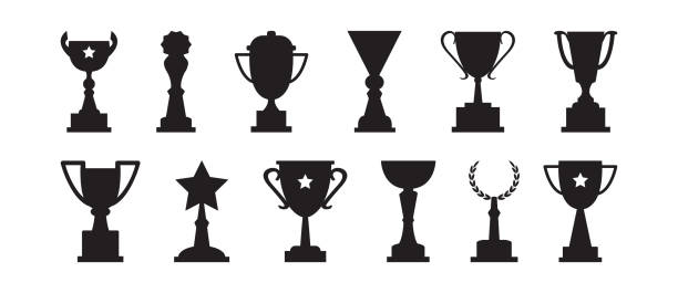 Award cups vector set, trophy black icons, sport champion prize. Winner illustration Award cups vector set, trophy black icons, sport champion prize isolated on white background. Winner illustration winners cup icon stock illustrations
