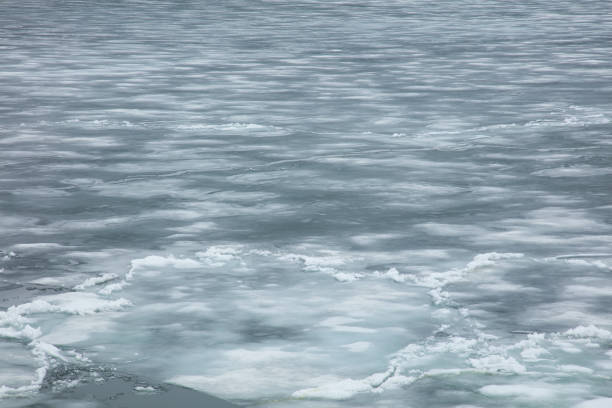 blue, green, and white ice covered lake. Ice cracks and water moves underneath and weather warms up