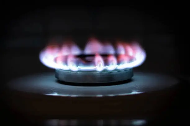 Photo of The flame of a burning gas fire on a black background. Burning blue gas on the stove