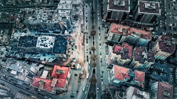 Aerial view of city street Top view of Bayraklı bornova rebuilding after the earthquake in aegean Turkey earthquake stock pictures, royalty-free photos & images