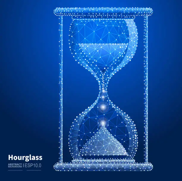 Vector illustration of Conceptual illustration of hourglass time management, vector abstract low polygon point lines connected hourglass background.