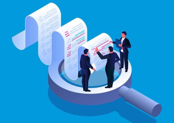 stockillustraties, clipart, cartoons en iconen met bill analysis and test check, isometric three businessmen standing on a magnifying glass to discuss and analyze billing data - lijst document illustraties