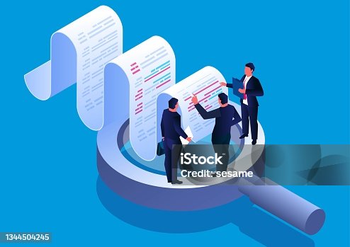 istock Bill analysis and test check, isometric three businessmen standing on a magnifying glass to discuss and analyze billing data 1344504245