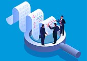 istock Bill analysis and test check, isometric three businessmen standing on a magnifying glass to discuss and analyze billing data 1344504245