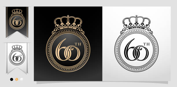 ilustrações de stock, clip art, desenhos animados e ícones de illustration of 60th with circle frame and crown. ellipse frame element with color gold isolated background, for letterpress, embroidery, invitation wedding anniversary, greeting card, and sign label - crown black banner white