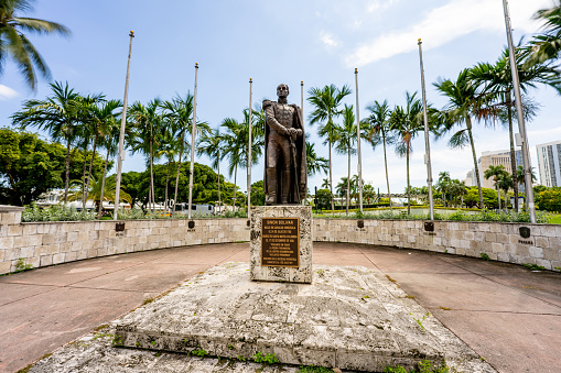 Miami, FL, USA - September 25, 2021: Bronze statue of Simon Bolivar at Downtown Miami