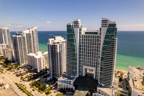 Aerial drone photo of The Diplomat on Hollywood Beach FL Hollywood, FL, USA - September 26, 2021: Aerial drone photo of The Diplomat on Hollywood Beach FL hollywood florida stock pictures, royalty-free photos & images