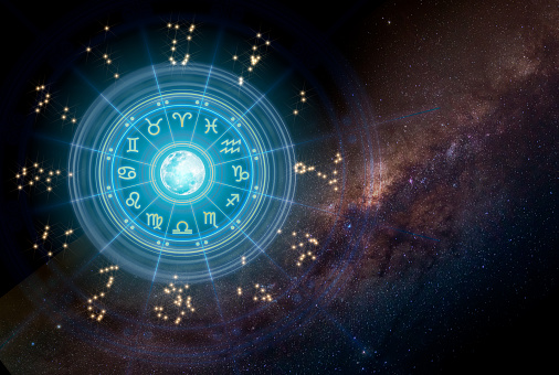 Signos del zodiaco dentro del círculo del horóscopo. Astrología en el cielo con muchas estrellas y lunas astrología y concepto de horóscopos. photo