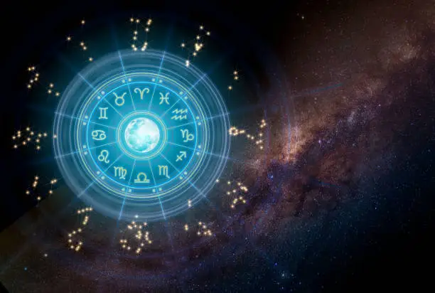 Photo of Zodiac signs inside of horoscope circle. Astrology in the sky with many stars and moons astrology and horoscopes concept.