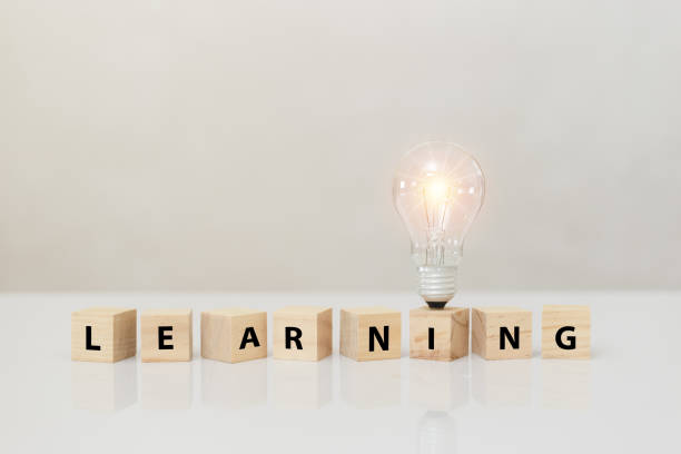 istock Text LEARN on wooden block cube with light bulb bright light flare. Think creative innovation. education e-business online brainstorm, learning vision and ideas concept. 1344524990